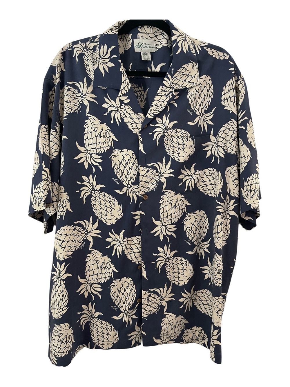 Hilo Hattie Navy and Beige Pineapple 100% Silk Shirt